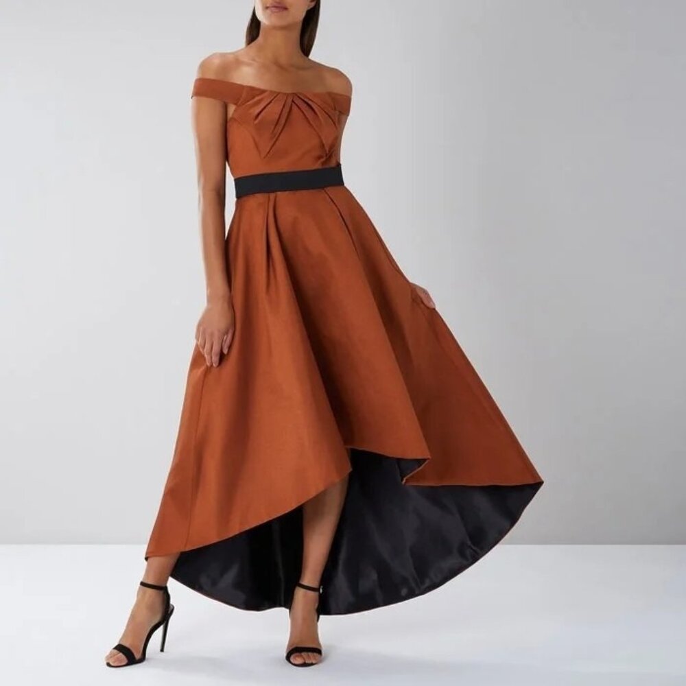 Coast Lizetta Bardot Maxi Dress $286 NEW Gold Copper Off the Shoulder Gown XS 2